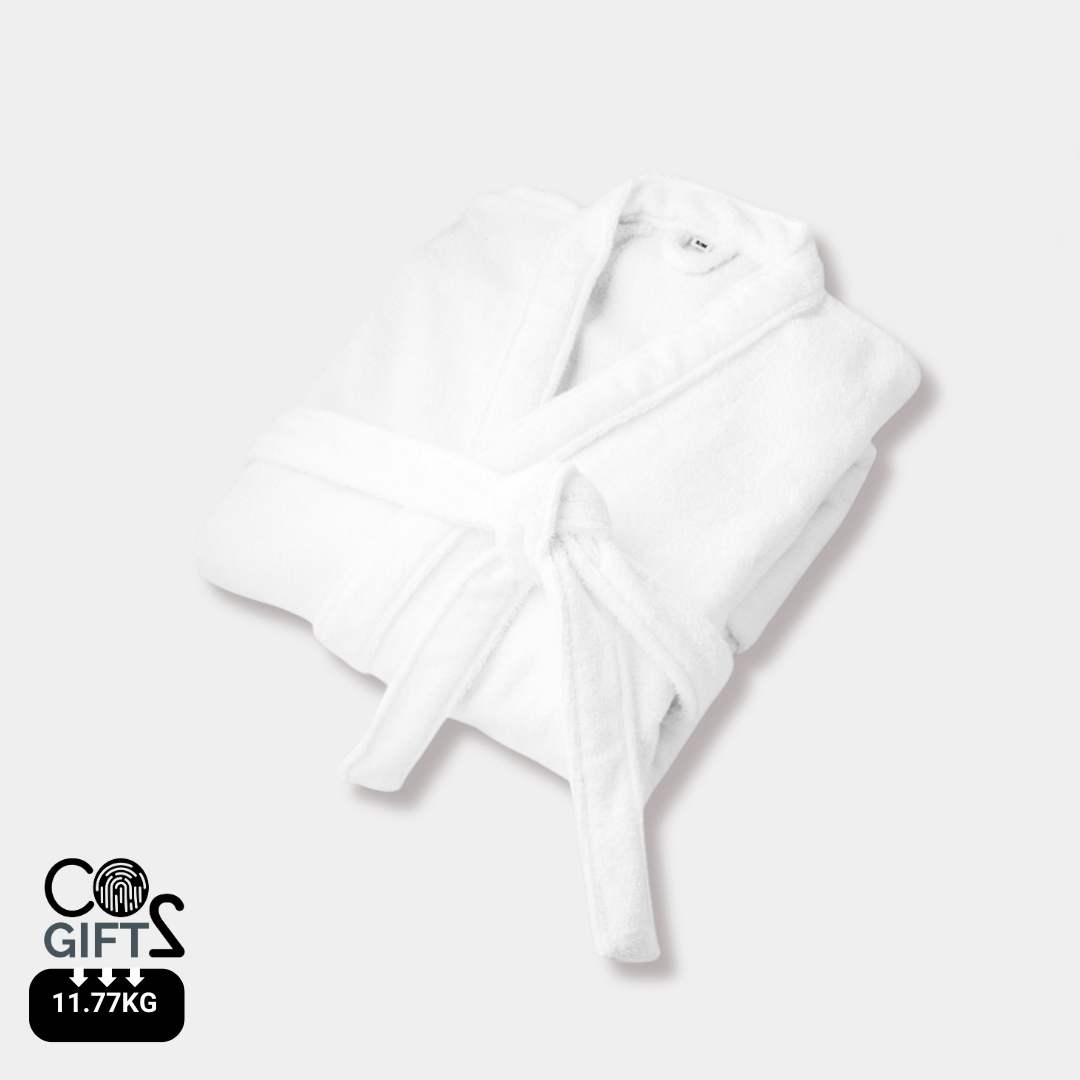 Albornoz blanco de algodón reciclado con certificado OEKO-TEX®, fabricado en Europa, ideal como regalo de empresa ecológico.